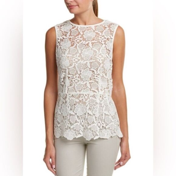 EUC CABI Women’s Cream Macrame Lace Peplum Full Zip Sleeveless Blouse Top Size S - Picture 1 of 9